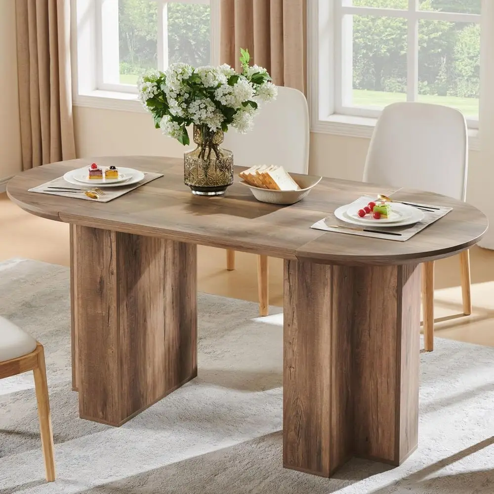 

Oval Dining Table for 4-6, Rustic Oak Finish, T-Shaped Base, Thick Tabletop