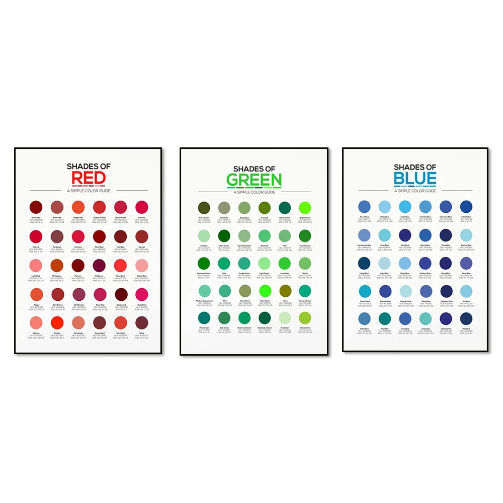 Different Shades of Red,Blue,Green,Yellow,Color Chart with 30 Different Hex Color Codes and RGB Numbers. Quick Reference Chart