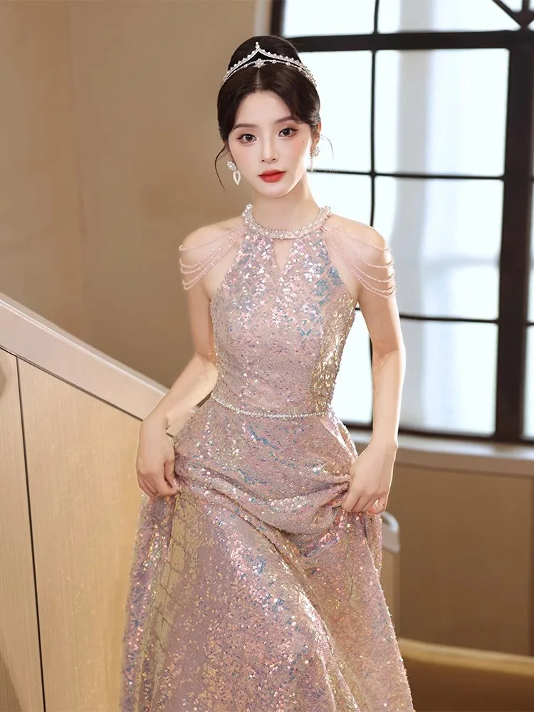 

Pink Sequins Evening Dress Beading Tassel Off Shoulder Floor Length Formal Dress Large Size Women Banquet Gown