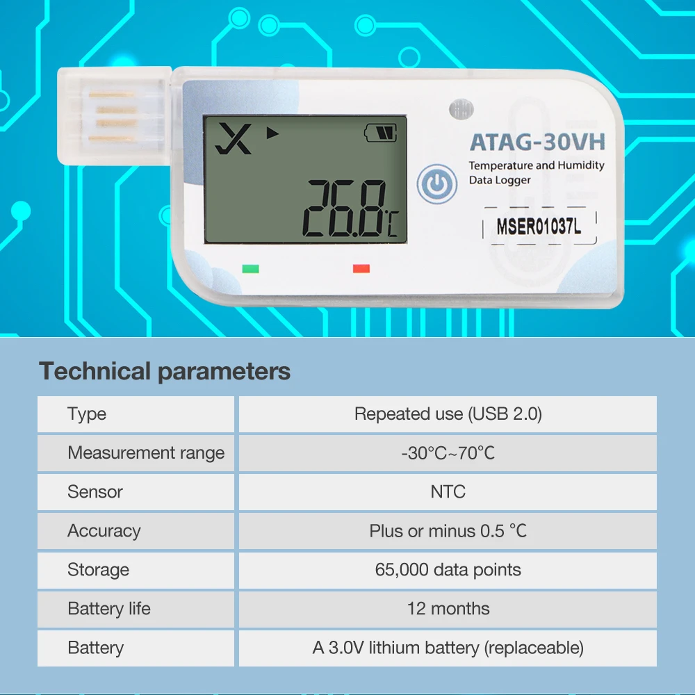 Temperature Data Logger   ATAG-30VH  Built In Battery 180 Days Recording USB Portable Recorder For Cold Chain Logistics