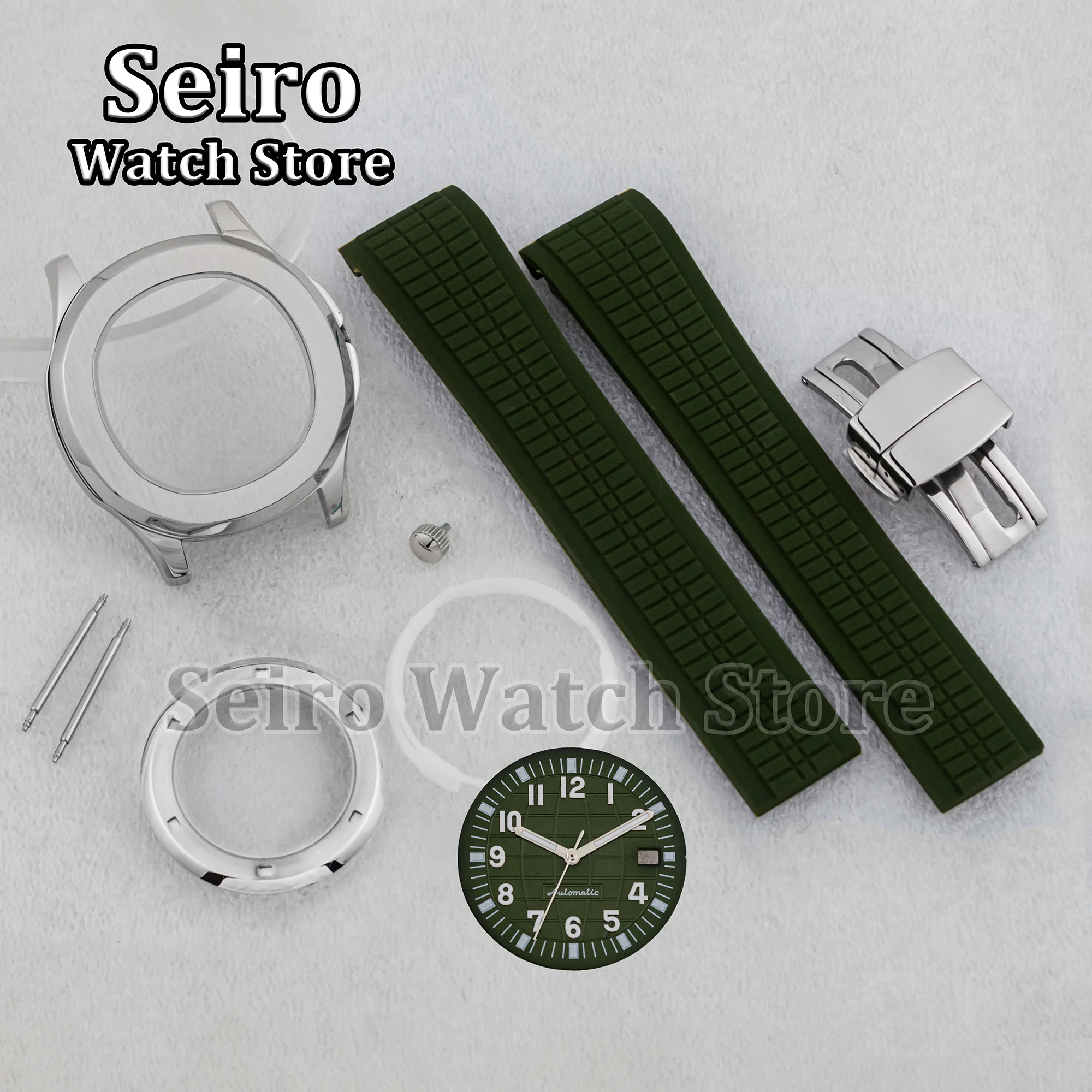 42MM Watch Case Rubber Strap Dark Green Red Bracelet 32MM Luminous Dial Hands Watchcase for AQUANAUT Nautilus NH35 NH36 Movement