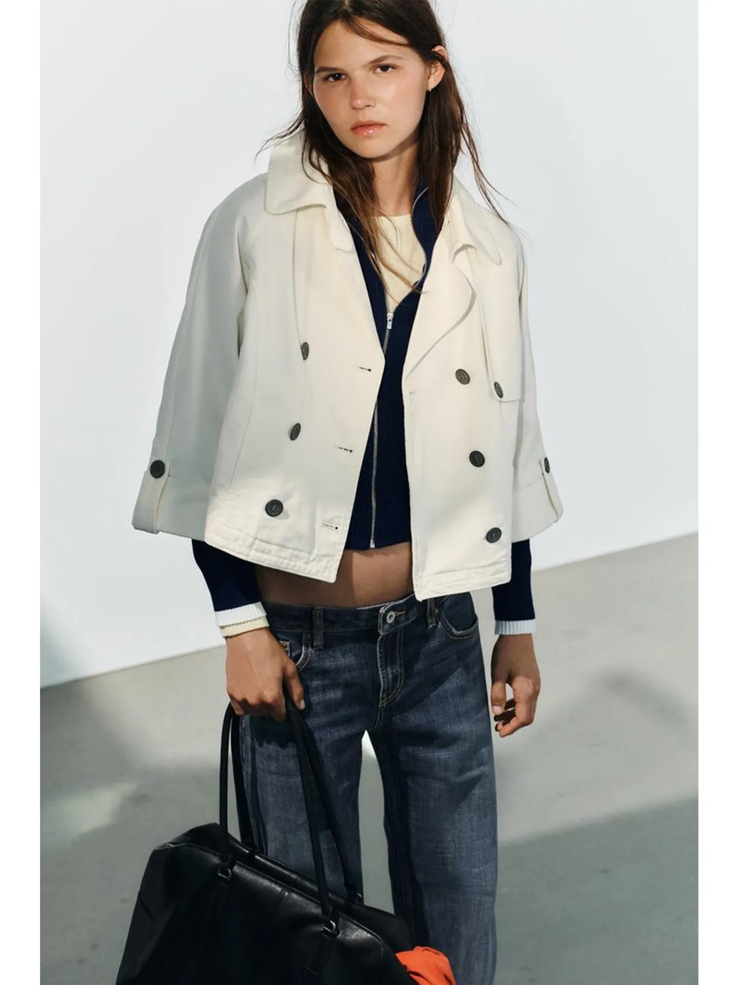 Women's Street Style Adjustable Sleeve Length Collared Double Button Short Jacket New Autumn Arrival Casual Loose Polyester