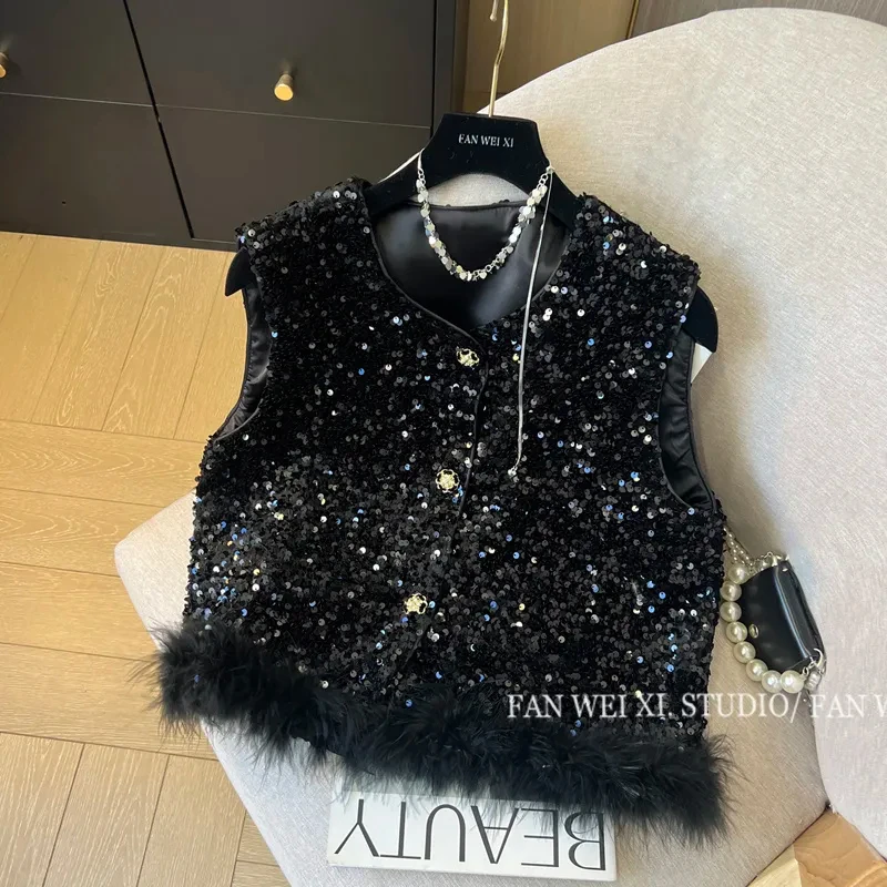 

Sleeveless Cardigan Women Vest Coats 2024 Ropa Mujer O-neck Patchwork Waistcoats Heavy Sequin Vintage Tanks Tops 7p142