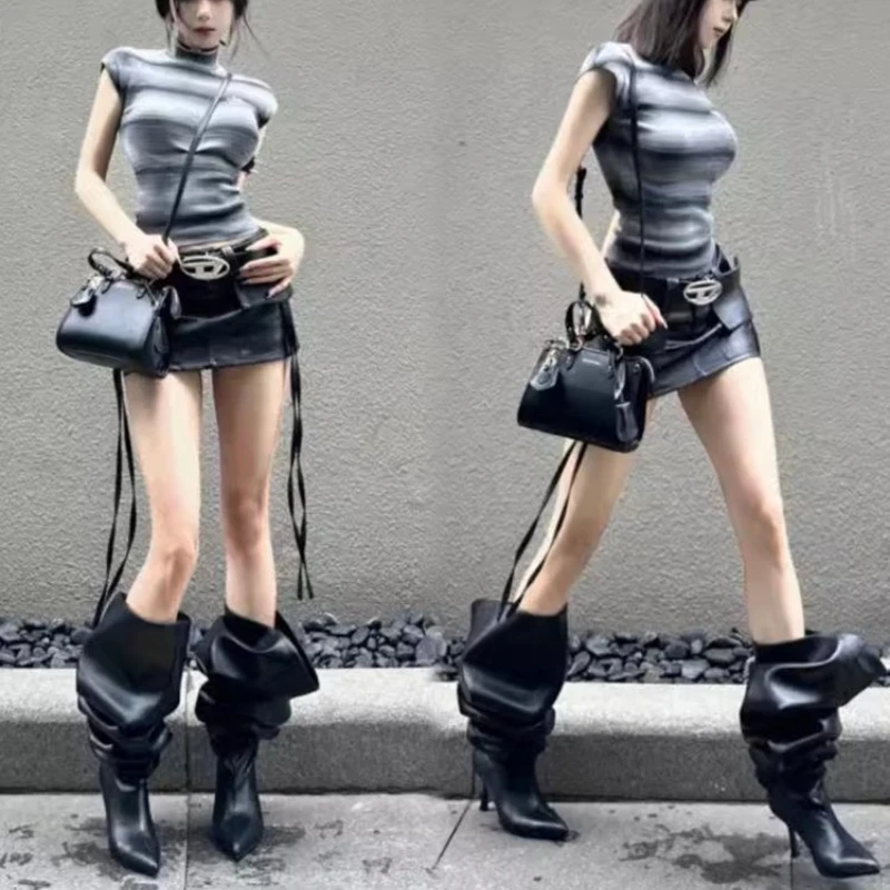 

Женские модные сапоги на высоком каблуке, широкие, с острым носком, до колена, на массивной подошве