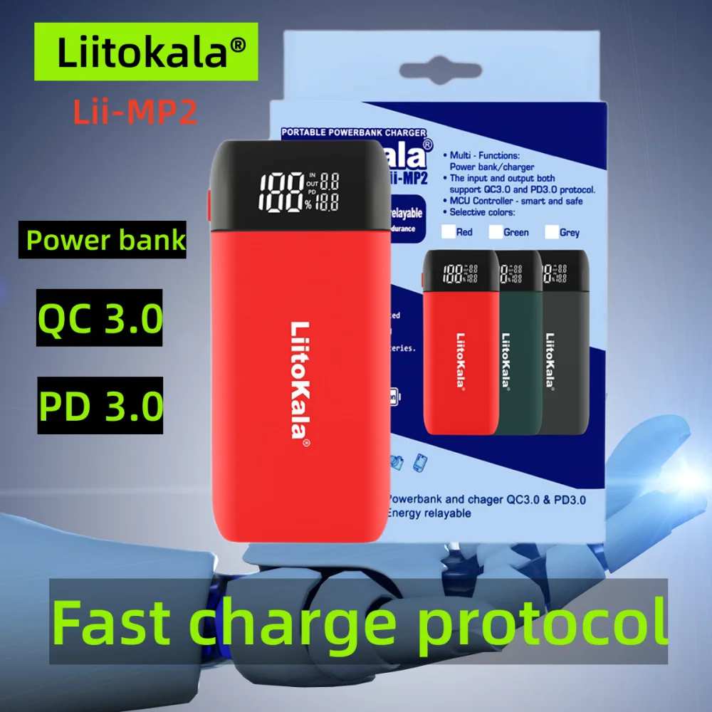LiitoKala Lii-MP2 Fast Batter Charger 18650 Power Bank Portable Type C Input QC3.0 Charging For 18700 20700 21700 18650 PD3.0