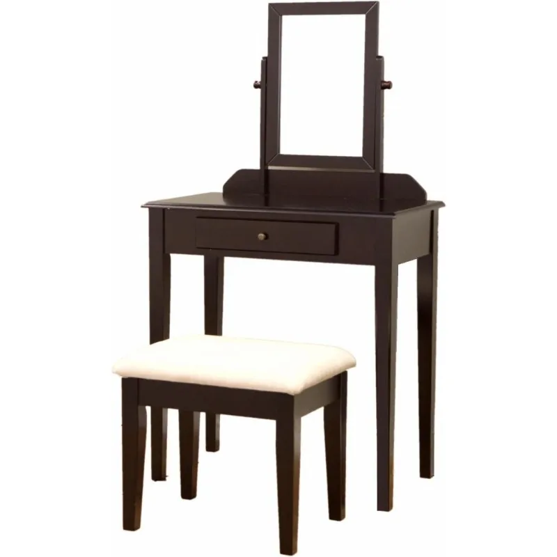 

Wood 3 Piece Vanity Set with Mirror and Stool Mahogany Finish Bathroom Furniture