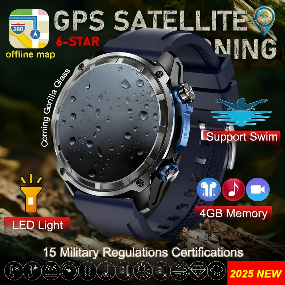 

2025 Новые военные GPS спортивные умные часы для мужчин 5ATM водонепроницаемый фитнес-трекер 4 ГБ памяти автономные карты 860 мАч аккумулятор умные часы