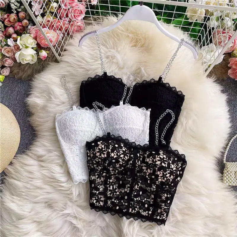 

Camisole Women Solid Sexy Ladies Korean Style Popular Lace Design Chic Newest Hot All-match Off Shoulder Inside Minimalist Tops