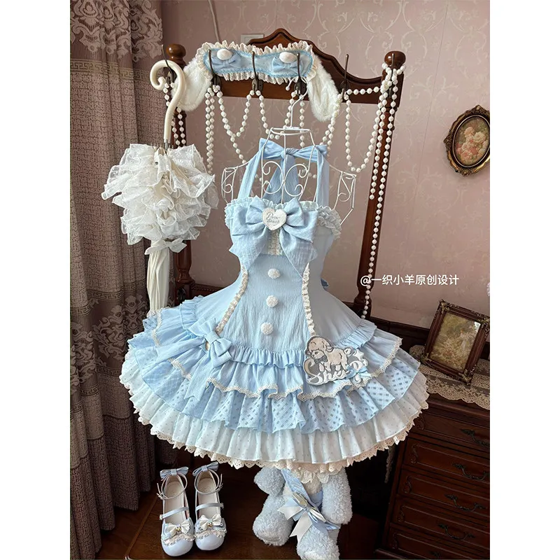 

Japanese Sweet Blue Lolita Suspender Neck Skirt Lolita Flower Girls Marriage Fluffy Princess Dress Women Party Wedding Dress