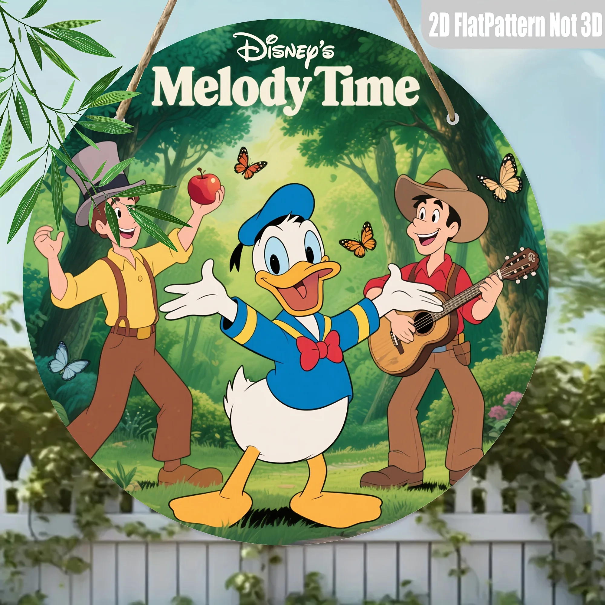 Plano 2D, 1 pieza Disney Melody Time Arte de pared de madera vintage - 19,99x19,99 cm Letrero decorativo redondo con melodía y personaje del pato Donald