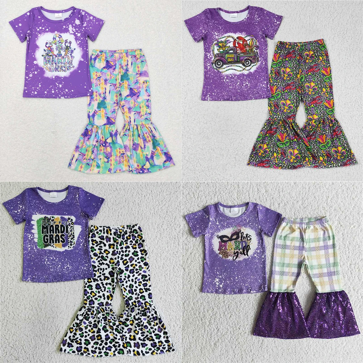 

Wholesale Baby Girl Mardi Gras Lobster Costume Purple Short Sleeve Colorful Pants Outfits Spring And Autumn Suit