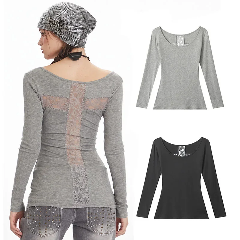 

Women Back Hollow Out Lace T-shirts Spring Autumn Female Long Sleeve O-neck Tees Solid Color Tops Ladies Sexy Slim Pullovers