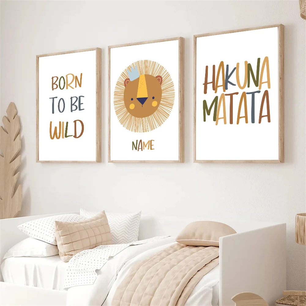 

Boho Lion Canvas Poster Custom Name Art Print HAKUNA MATATA Quote Posters Painting Nursery Wall Pictures Baby Kids Room Decor