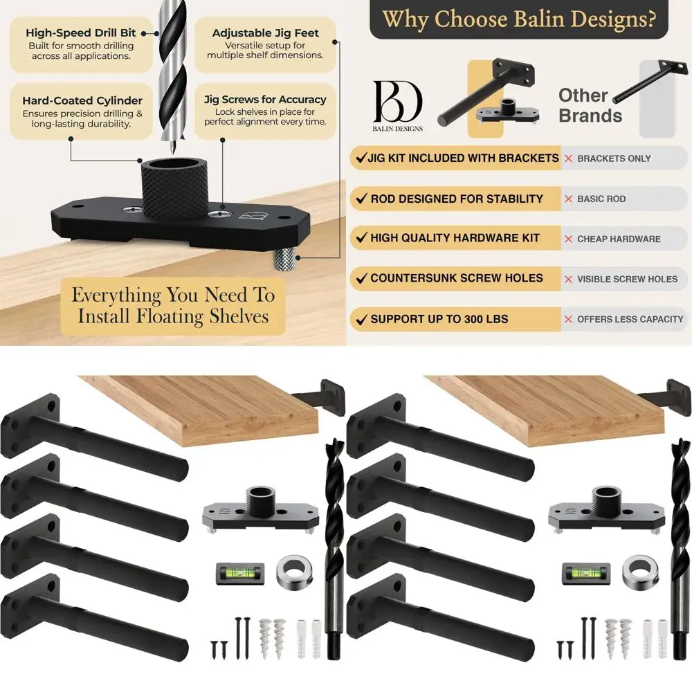 

Heavy-Duty 5 Floating Shelf Brackets with 3/4 Rod, 4-Pack - Concealed Mount for Home Shelves