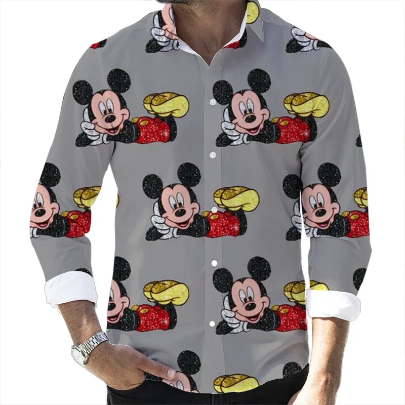 2023 Fall Hot Sale Casual Button Long Sleeve Shirt Disney Mickey Donald Duck and Goofy 3D Full Print Fashion Men\'s Lapel Top