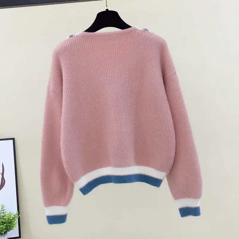 Renda com decote em v 2024 outono novo nicho solto versátil estilo coreano ulzzang solto curto camisola de malha pulôver chique topo