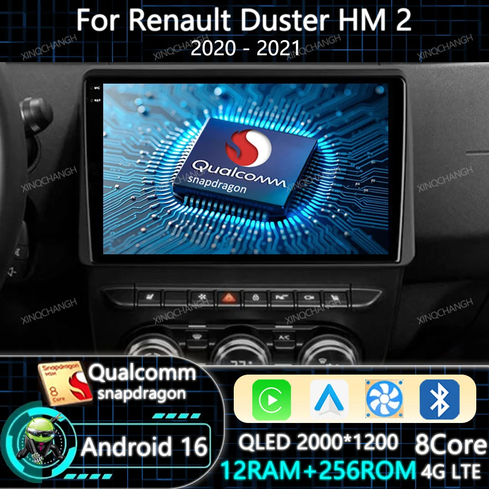 Android 16 Car Radio Carplay Auto For Renault Duster HM 2 II 2020 - 2021 Qualcomm QLED 4G WIFI Head Unit Multimedia Video Player