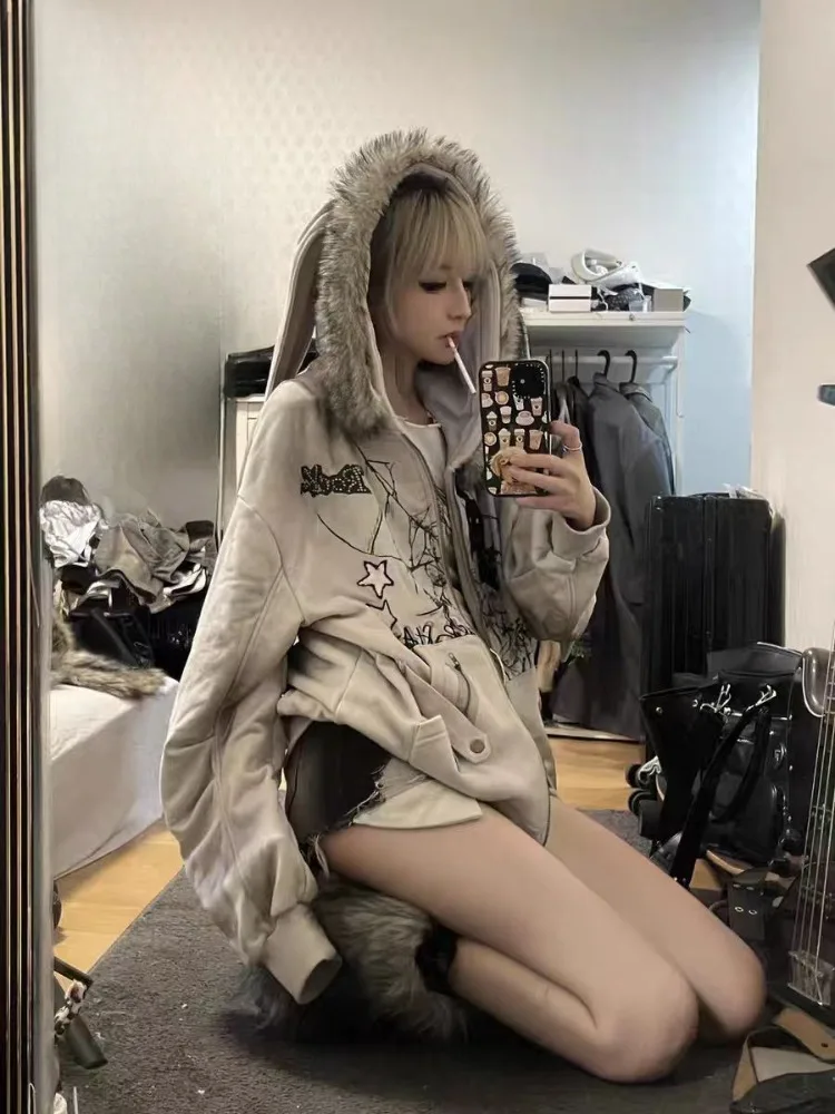 Kimutomo Women Hoodies Vintage Harajuku Graffiti Star Gothic Jackets Patchwork Fur Grunge Y2k Kawaii Rabbit Ears Loose Coats