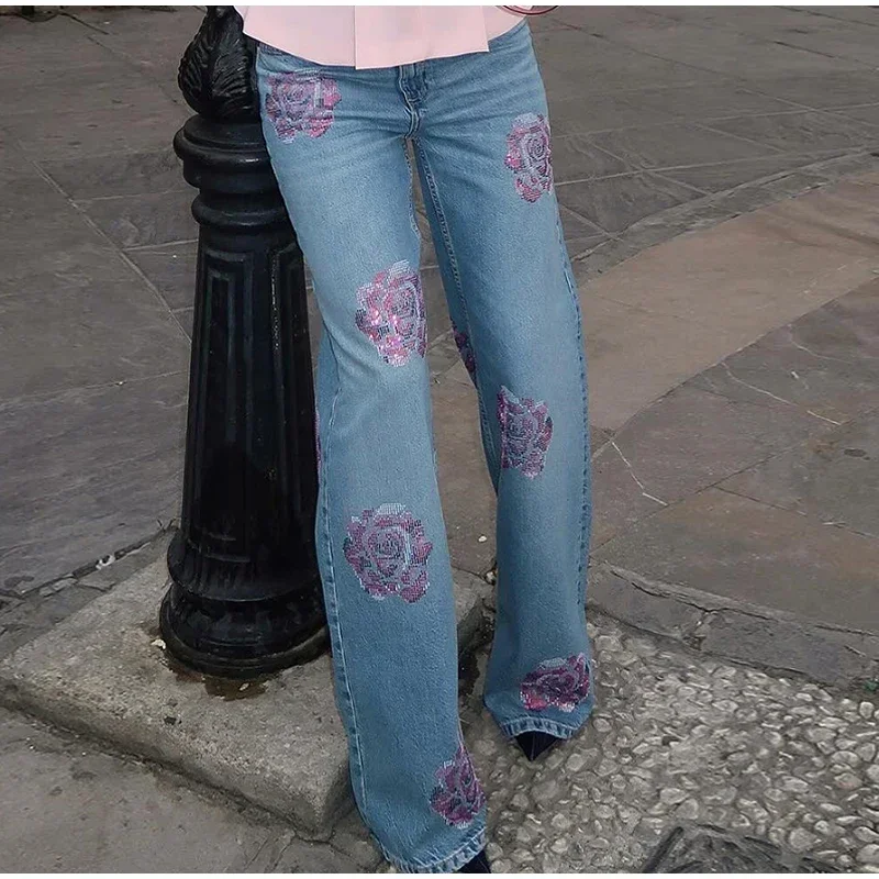 CPSYMYM Chic Diamonds Flower Women's Jean  High Waist Wide Leg Pockets Trousers Female Spring Summer Lady Zipper Fashion Pants