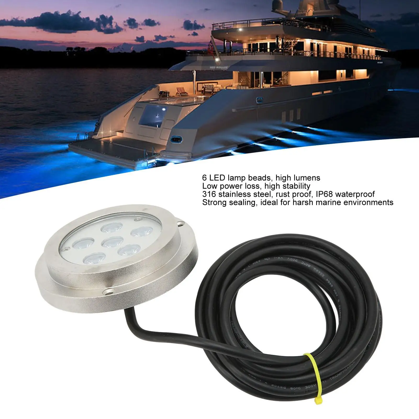 3.8in for marine Boat Underwater Light 316 Stainless Steel IP68 Waterproof Strong Sealing for ships Yachts Motorboats 12V 24V