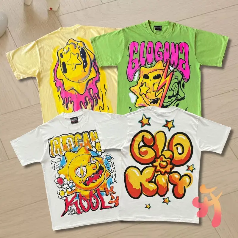 

Высококачественные хлопковые футболки Glo Gang Boyz, золотые солнечные пламя, звезды, молния, граффити, принт, круглый вырез, короткий рукав, мужские и женские топы