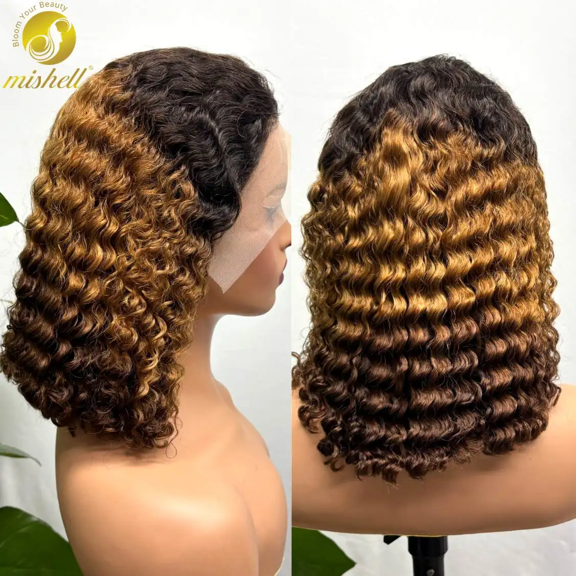 

4/30/4 Ombre Short Water Wave Bob Wig Human Hair Wigs 250% Density 13x4 Lace Frontal Deep Wave Curly Wig for Women PrePlucked