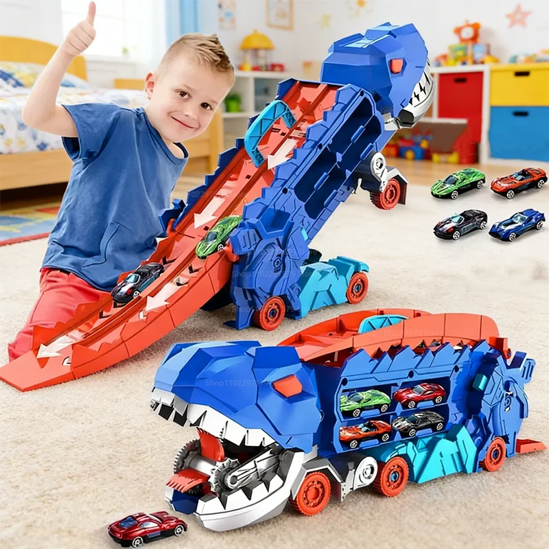 Opvouwbare transportdinosaurustruck met glijdende racebaan transformeert in staande T-rex Beste verjaardagscadeaus Speelgoed Jongens Meisjes Kind