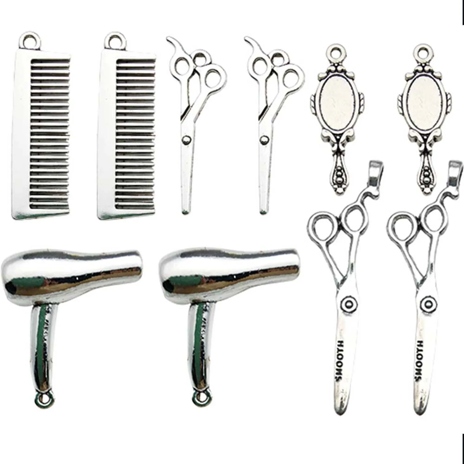 10pcs Antique Silvery Hair Dryer Comb Makeup Mirror Scissors Design Charms Alloy Pendants for DIY Jewelry Making Accessories