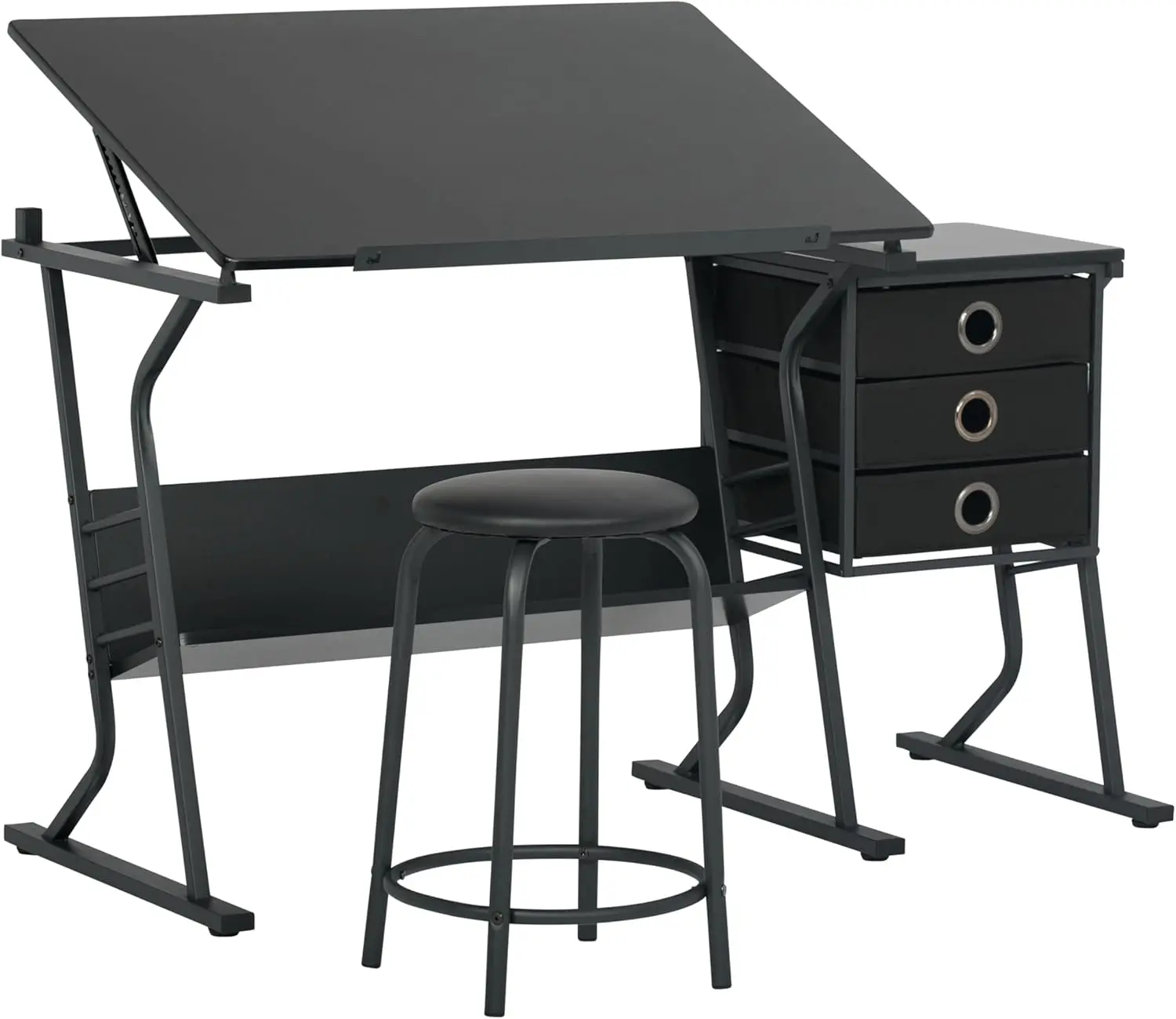

Adjustable Drawing Table with Stool, Storage Shelves and Drawers for Artists