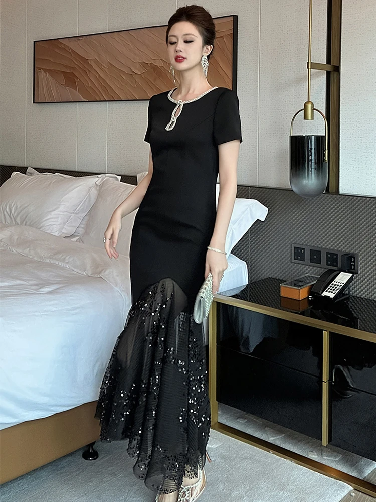 Damska Luksusowa Elegancka Czarna Sukienka z Cekinami, Nieregularny Krój Rybki, Damska Szykowna Ażurowa Przezroczysta Sukienka z Siateczki, Długa Suknia Wieczorowa dla Pani, Vestidos na Imprezę