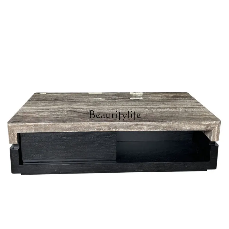 

Natural gray cave stone marble coffee table, simple modern stone tea table, high-end black walnut