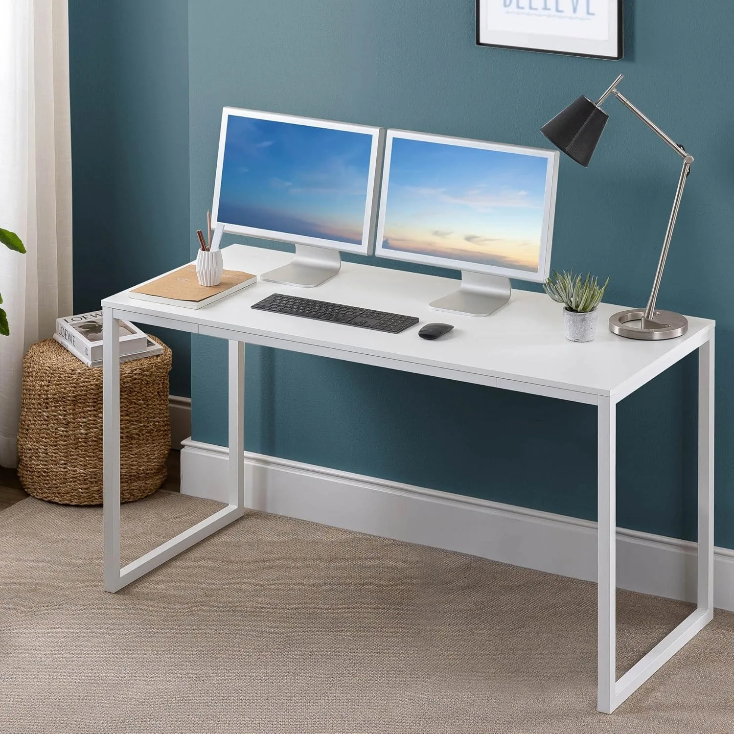 

55 Inch White Frame Desk / Computer Workstation / Office Desk / Easy Assembly, White (24"D X 55"W X 29"H)