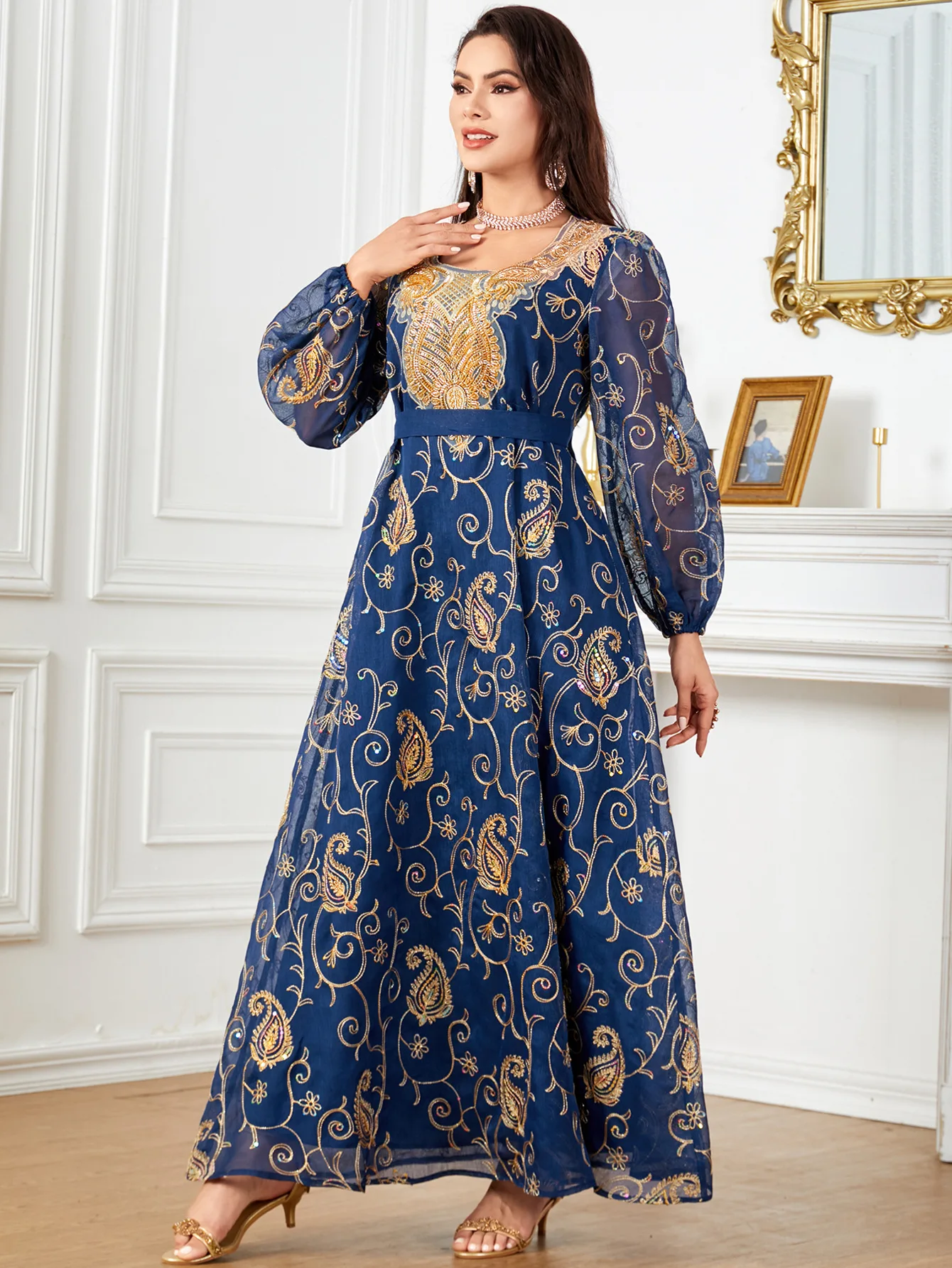 

Eid Ramadan Sequins Embroidery Abaya For Women Dresses Long Sleeve Dress Belted Kaftan Turkey Morocco Caftan Muslim Dubai Gown