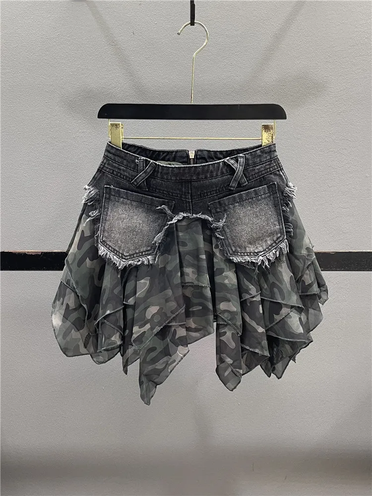 Retro American Camouflage Mesh Splicing Denim Half Skirt Women's Summer Hot Girl A-Line Fluffy Cake Short Skirt Casual Style