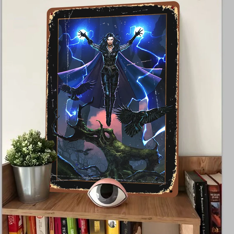 Dark Fantasy Witch Crow Lightning Magic Metal Tin Sign Home Decor Wall Art