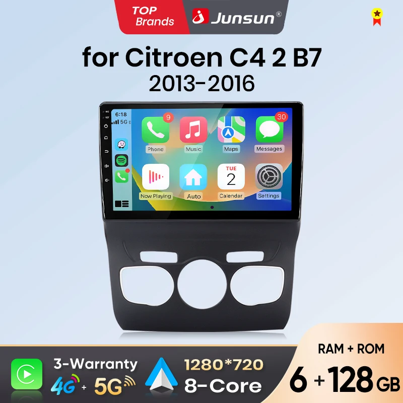 Radio samochodowe Junsun z Android Auto do Citroen C4 2 B7 2013 2014 2015 2016, multimedialny system bezprzewodowy Apple CarPlay, inteligentny system, ekran dotykowy IPS, odtwarzacz wideo stereo, 2