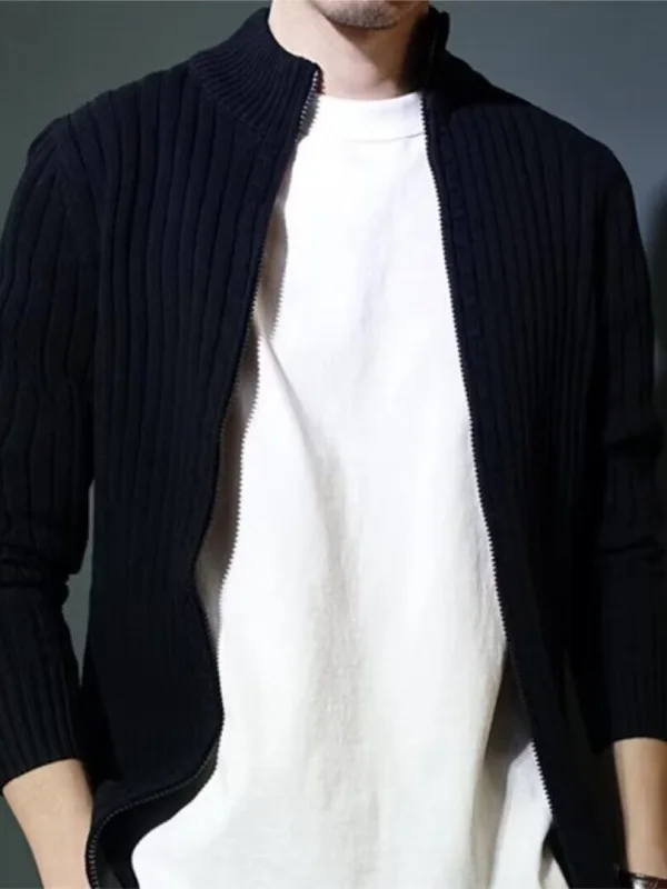 

Мужской осенне-зимний трикотаж на молнии, приталенный повседневный полосатый открытый кардиган из полиэфирного волокна, длинная верхняя одежда обычной длины