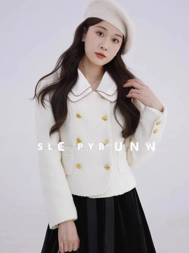 

Elegant Short Woolen Coat Women Winter White Tweed Jacket Gold Buttons Sweet Round Neck Outerwear Petite Lady Casual Party Look