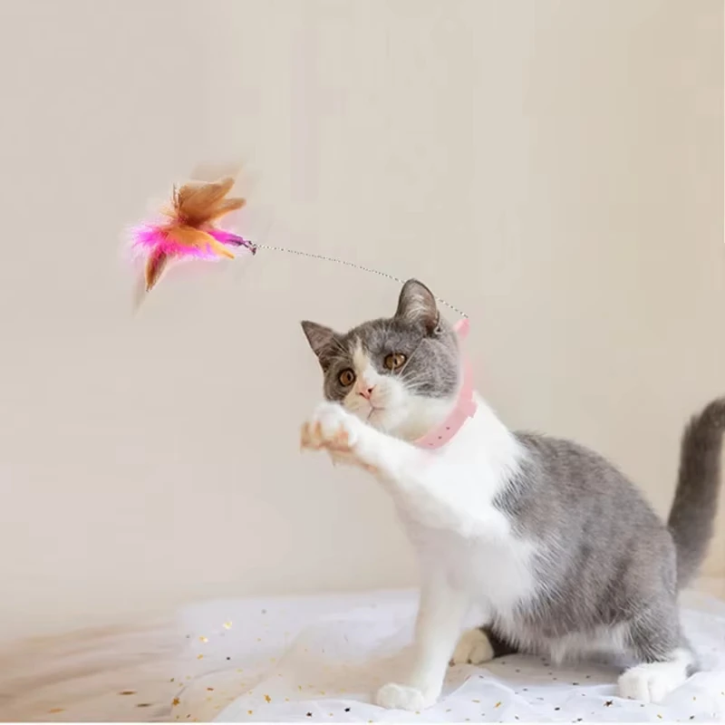 Interactive Cat Toys Funny Feather Teaser Stick with Bell Pets Collar Kitten Playing Teaser Wand Training Toys for Cats Supplies