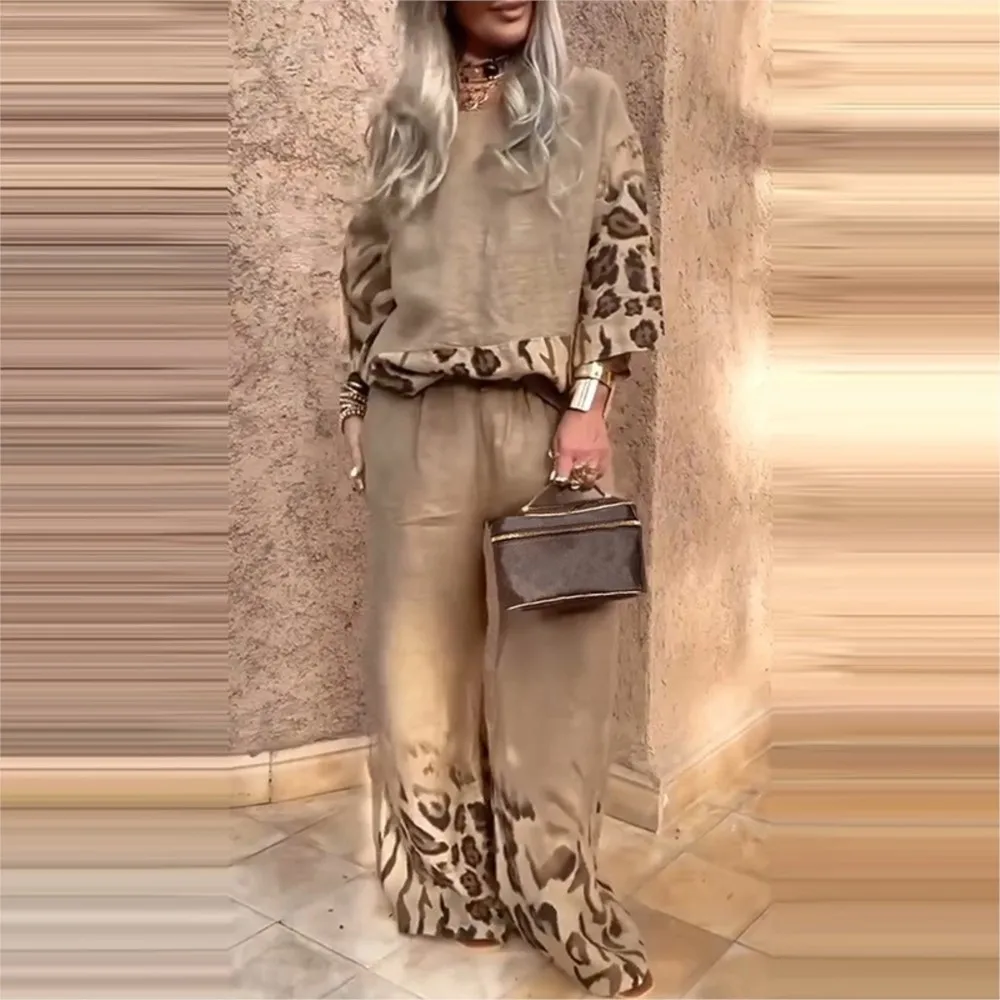 

2025 New Summer Leopard Print Two Piece Set Women Fashion Casual Loose Short Sleeves Blouses Splicing Tops Wide Leg Pants Suits