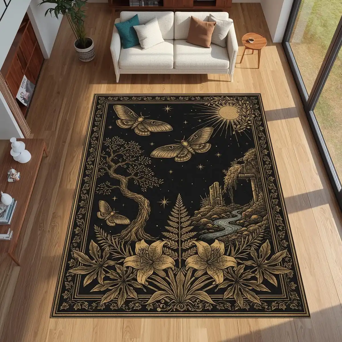 Vintage Moon Bat Celestial carpet living room sofa front sunroom entry hallway Washable Rug Gift