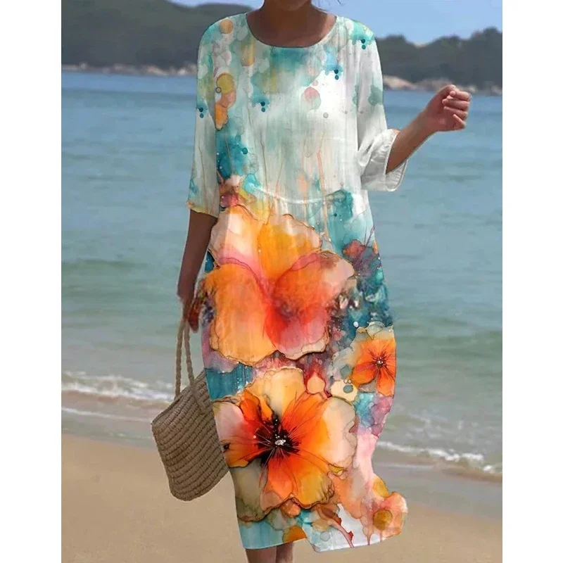 Vestido de verano con estampado Floral para mujer, traje holgado informal de manga corta y cuello redondo, transpirable, ideal para vacaciones y fiestas en la playa, novedad de 2024