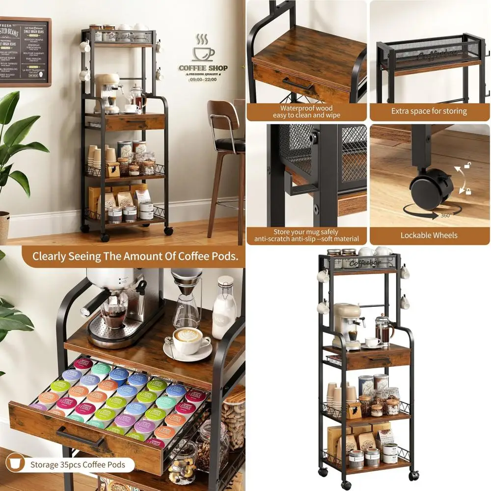 

5-Tier Rolling Coffee Bar Cart with Storage, Drawers, and Hooks for Kitchen and Office