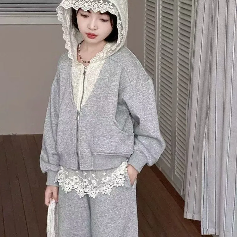 

4-12 Years Girls' Set Spring and Autumn 2026 New Big Children's Lace Hoodie Coat+Wide Leg Pants Two-piece Set 110-160cm