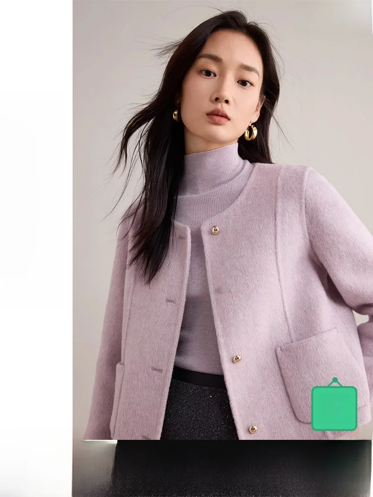 

Двустороннее шерстяное пальто женское с круглым вырезом, короткое, зимнее, новая модная коллекция, маленький размер, верхняя одежда из овечьей шерсти