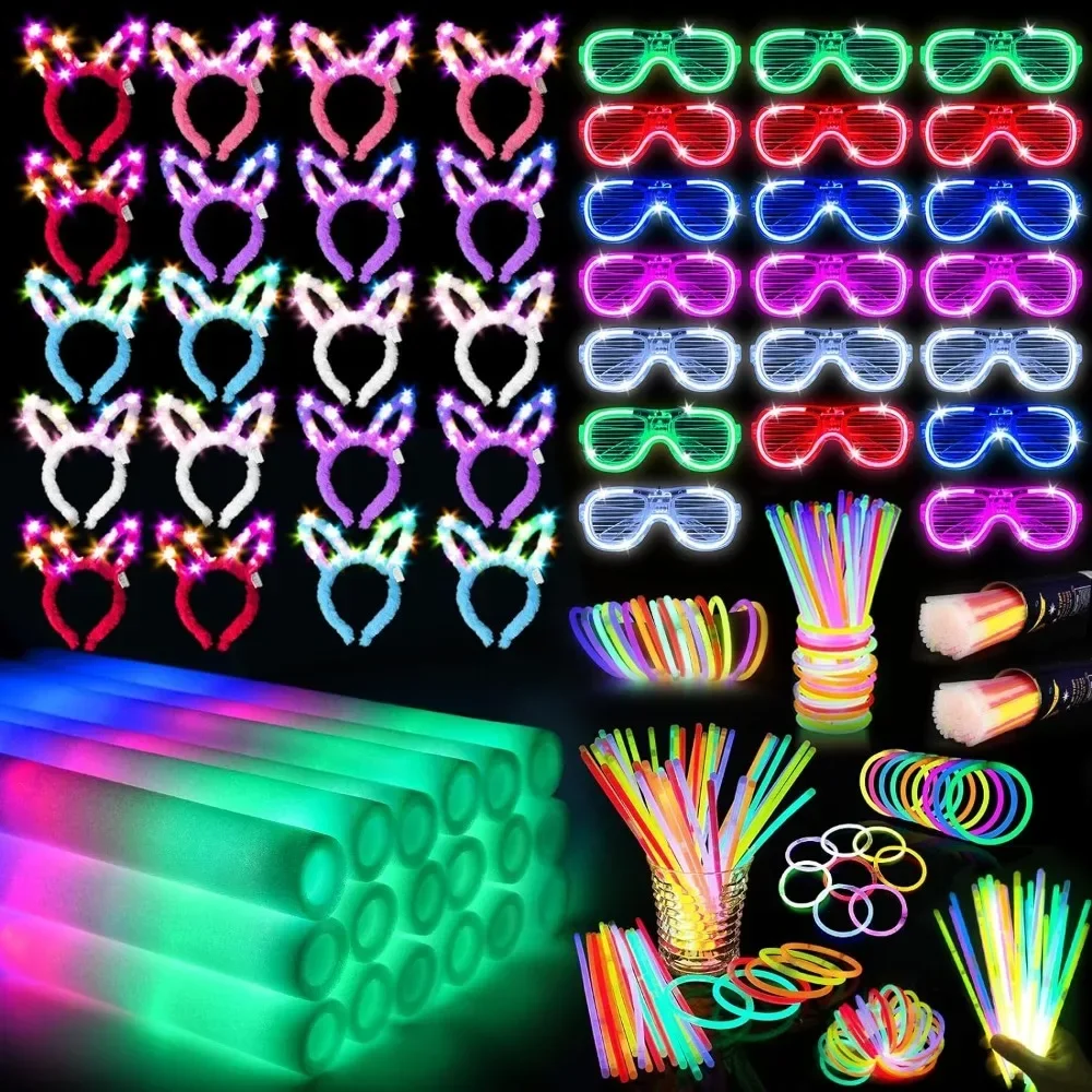 

260PCS Party Supplies, 20PCS Foam Glow Sticks, 20PCS LED Glasses, 20PCS Rabbit Ear Bands and 200PCS Light Sticks,