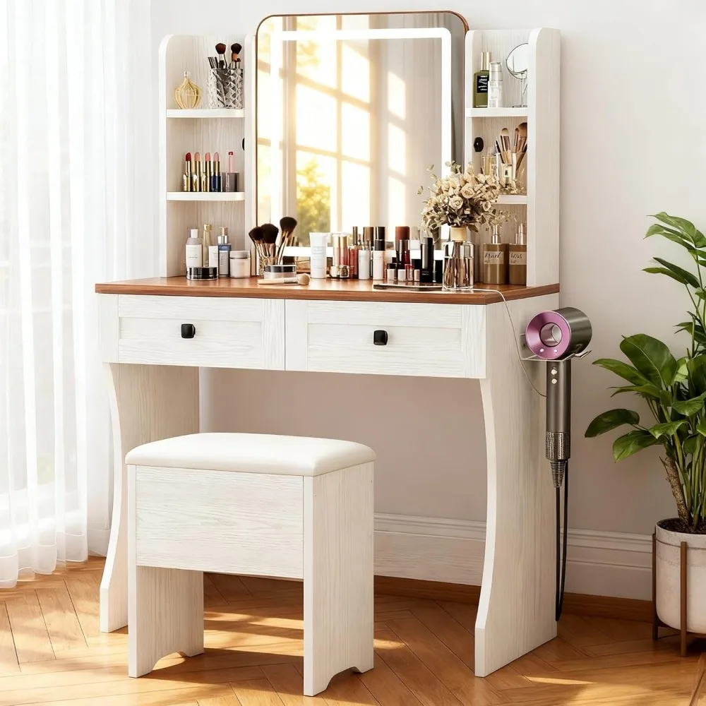 

Makeup Table with LED Lights and Power Sockets, Small Vanity with Adjustable Mirror, 2 Large Drawers and 4 Open Shelves