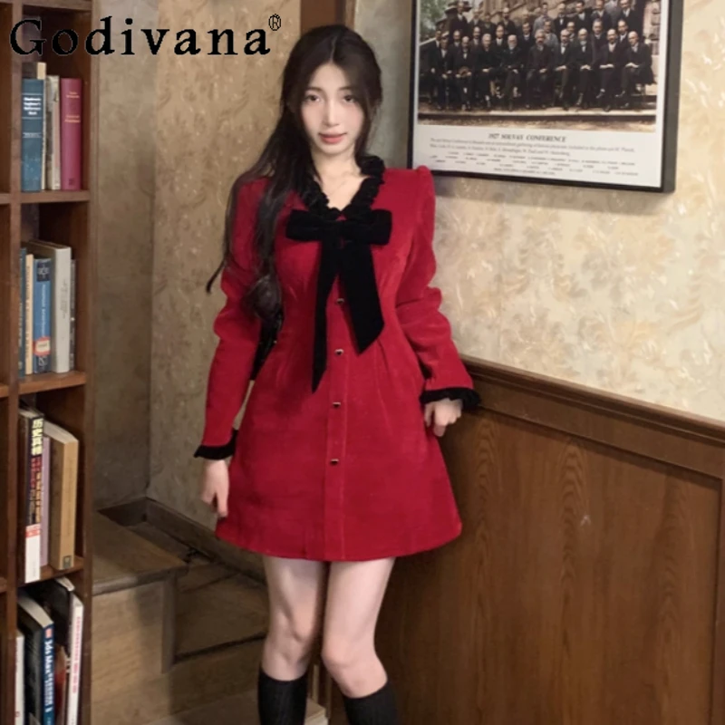 

Women Winter Large Size Sweet Elegant V-neck Red Long Sleeve Dress French Bow High Waist Versatile Age-reducing Short Dresses