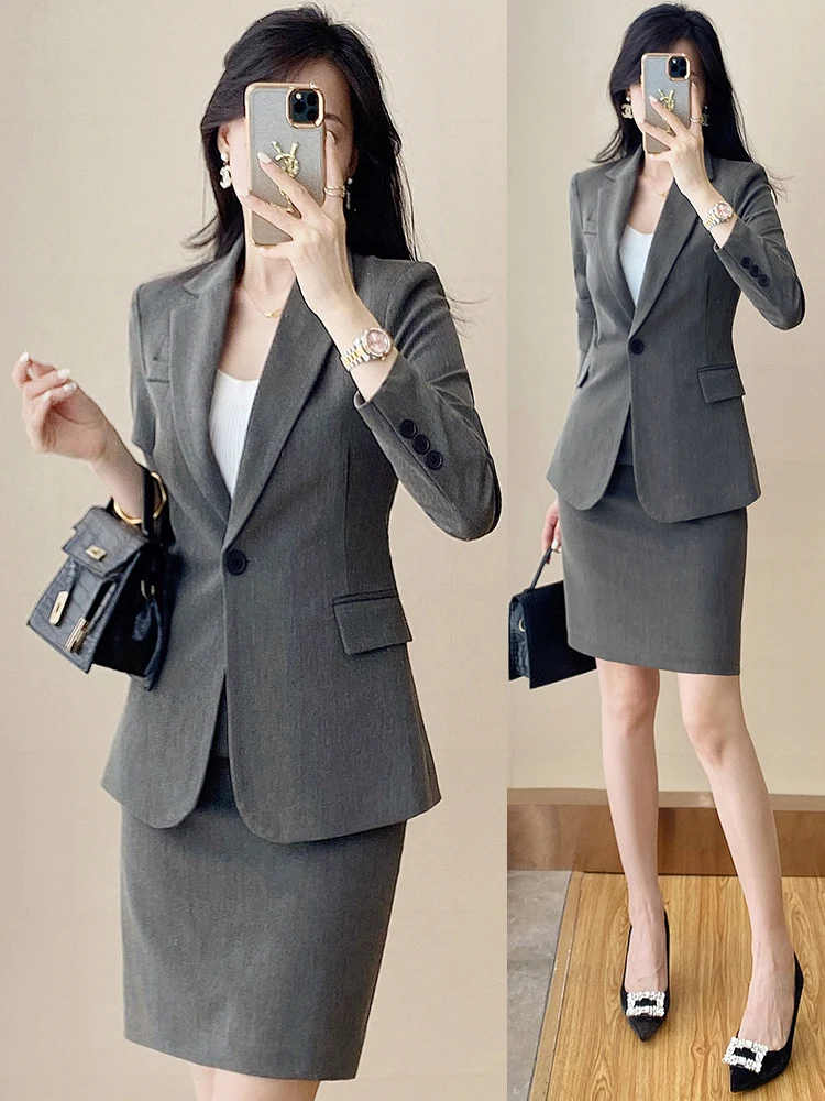 

Серый женский костюм-двойка для весны и осени: профессиональный комплект для собеседований, деловых встреч и офиса, формальный деловой наряд