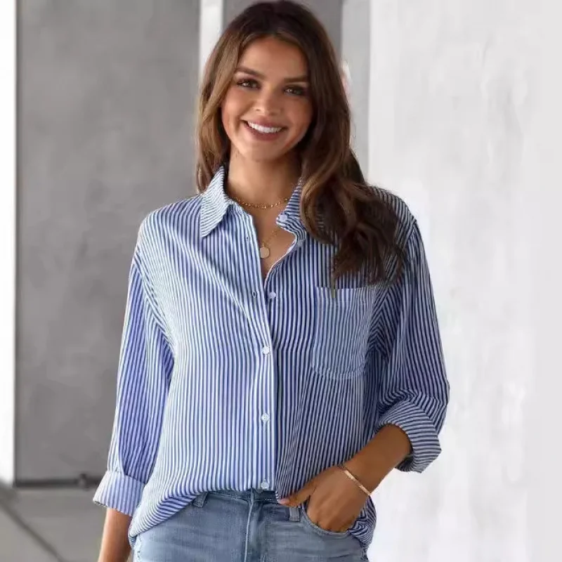 

Color Matching Code 2025Popular European and American New Shirt Women's Long Sleeve Loose Leisure All-Matching Striped Business